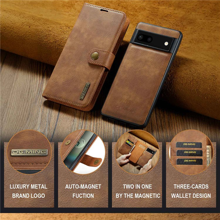DG.MING For Google Pixel 6a Split Leather Wallet Stand Case Detachable 2-in-1 Phone Protective Cover - Brown