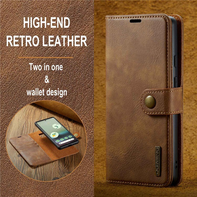 DG.MING For Google Pixel 6a Split Leather Wallet Stand Case Detachable 2-in-1 Phone Protective Cover - Brown