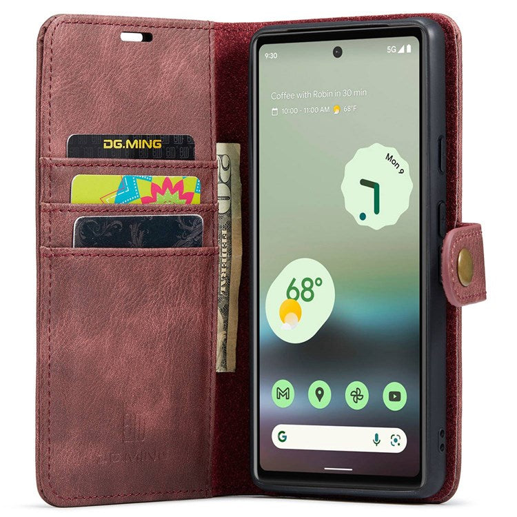 DG.MING For Google Pixel 6a Split Leather Wallet Stand Case Detachable 2-in-1 Phone Protective Cover - Red