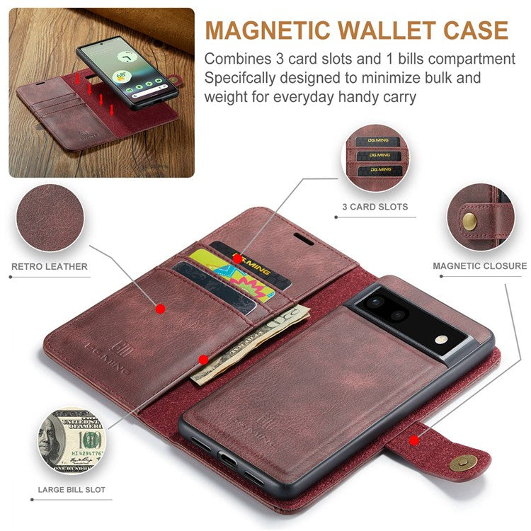 DG.MING For Google Pixel 6a Split Leather Wallet Stand Case Detachable 2-in-1 Phone Protective Cover - Red