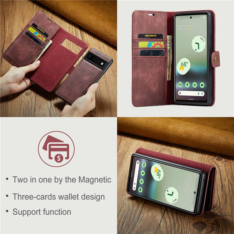 DG.MING For Google Pixel 6a Split Leather Wallet Stand Case Detachable 2-in-1 Phone Protective Cover - Red