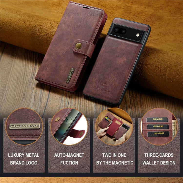 DG.MING For Google Pixel 6a Split Leather Wallet Stand Case Detachable 2-in-1 Phone Protective Cover - Red
