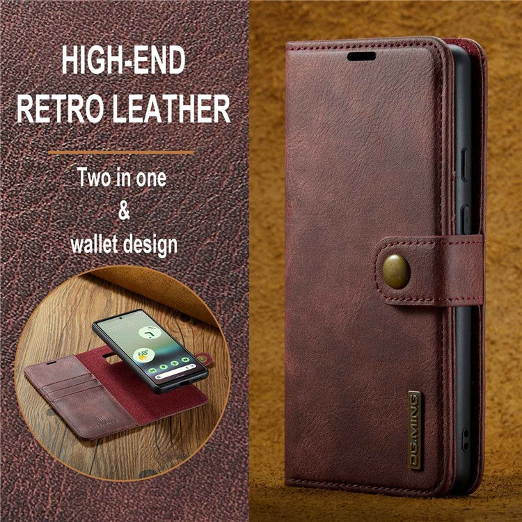 DG.MING For Google Pixel 6a Split Leather Wallet Stand Case Detachable 2-in-1 Phone Protective Cover - Red