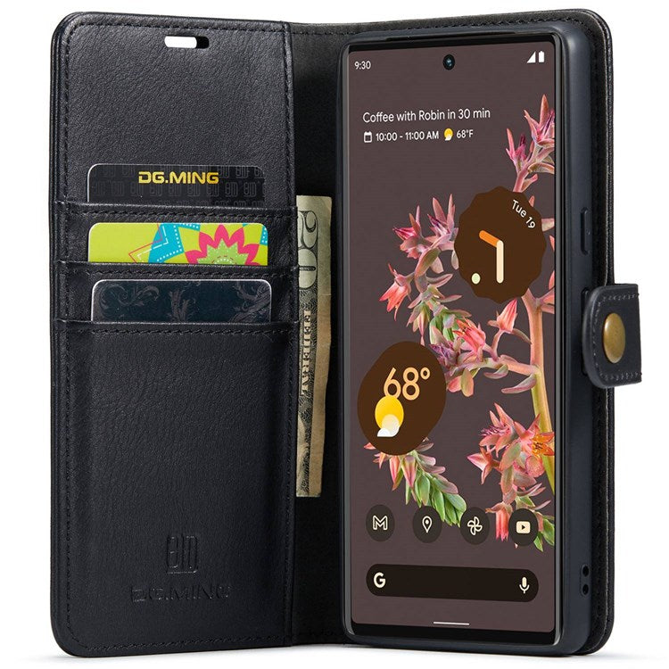 DG.MING For Google Pixel 7 5G Magnetic Absorption Split Leather Case Wallet Stand Detachable Phone Cover - Black