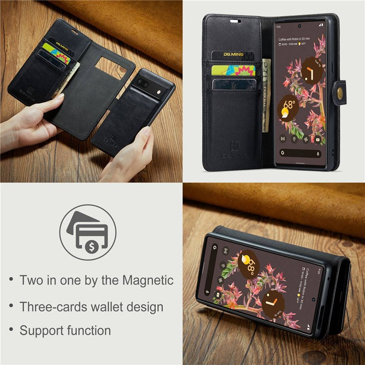 DG.MING For Google Pixel 7 5G Magnetic Absorption Split Leather Case Wallet Stand Detachable Phone Cover - Black