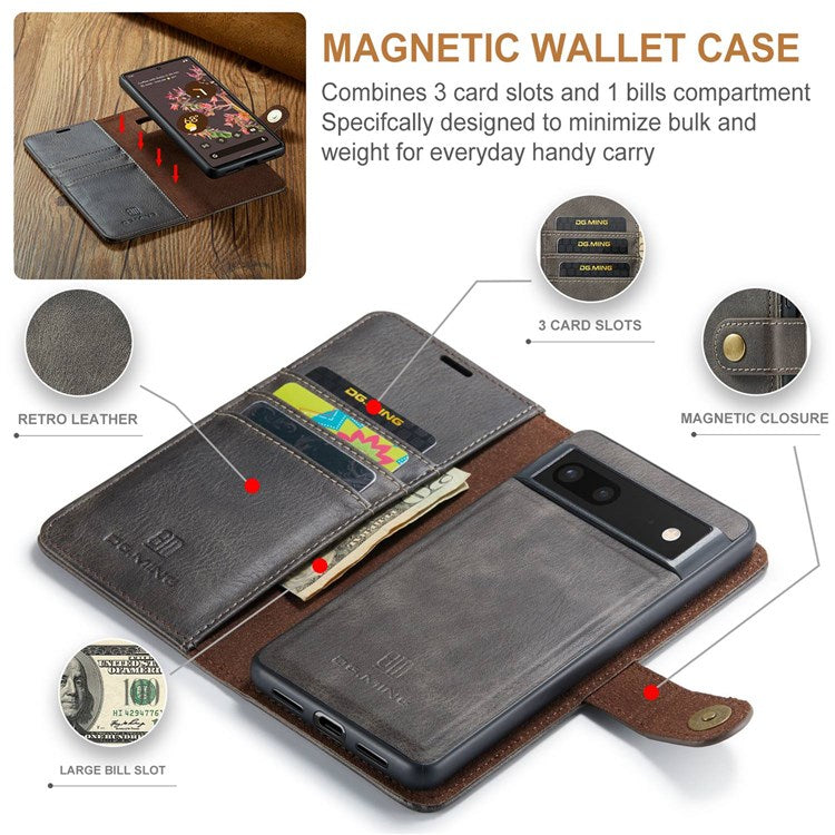 DG.MING For Google Pixel 7 5G Magnetic Absorption Split Leather Case Wallet Stand Detachable Phone Cover - Grey