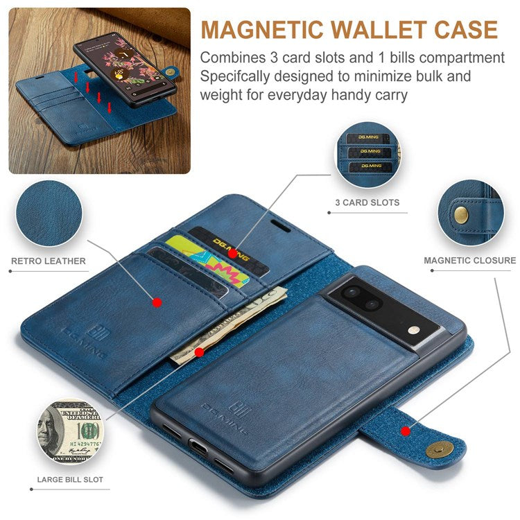 DG.MING For Google Pixel 7 5G Magnetic Absorption Split Leather Case Wallet Stand Detachable Phone Cover - Blue