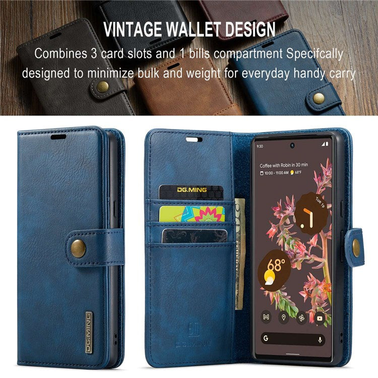 DG.MING For Google Pixel 7 5G Magnetic Absorption Split Leather Case Wallet Stand Detachable Phone Cover - Blue