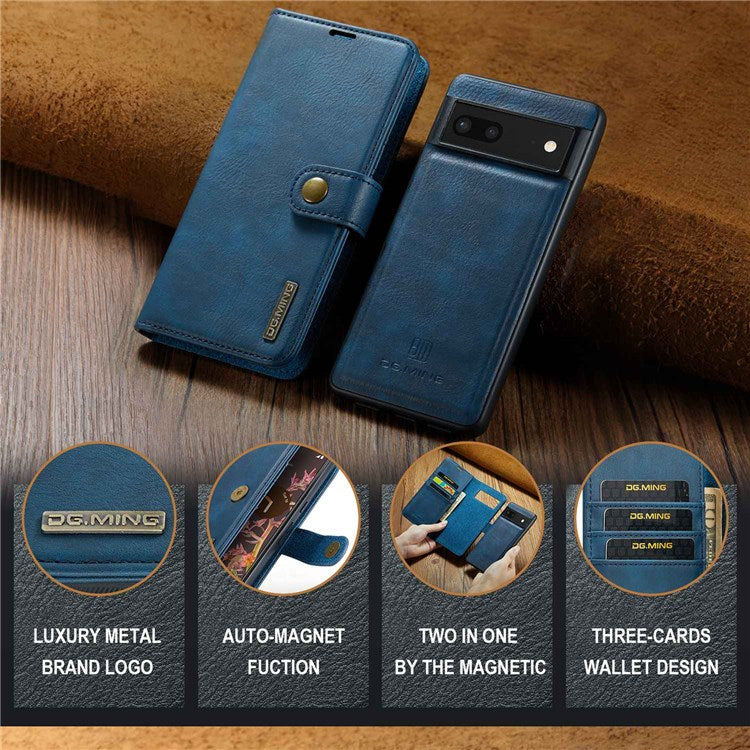 DG.MING For Google Pixel 7 5G Magnetic Absorption Split Leather Case Wallet Stand Detachable Phone Cover - Blue