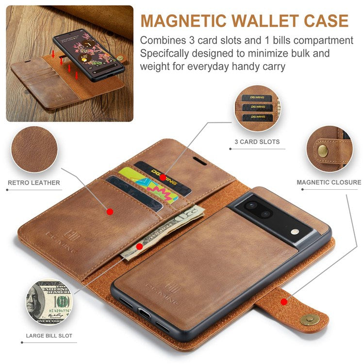 DG.MING For Google Pixel 7 5G Magnetic Absorption Split Leather Case Wallet Stand Detachable Phone Cover - Brown