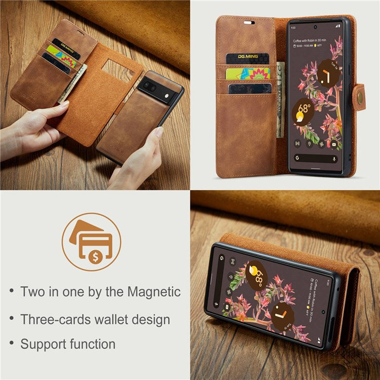 DG.MING For Google Pixel 7 5G Magnetic Absorption Split Leather Case Wallet Stand Detachable Phone Cover - Brown