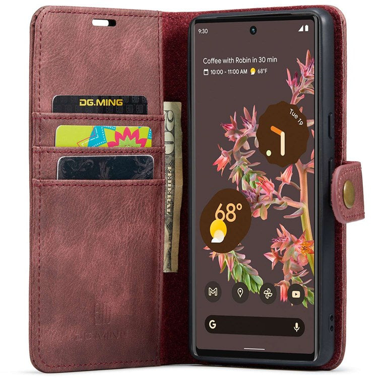 DG.MING For Google Pixel 7 5G Magnetic Absorption Split Leather Case Wallet Stand Detachable Phone Cover - Red