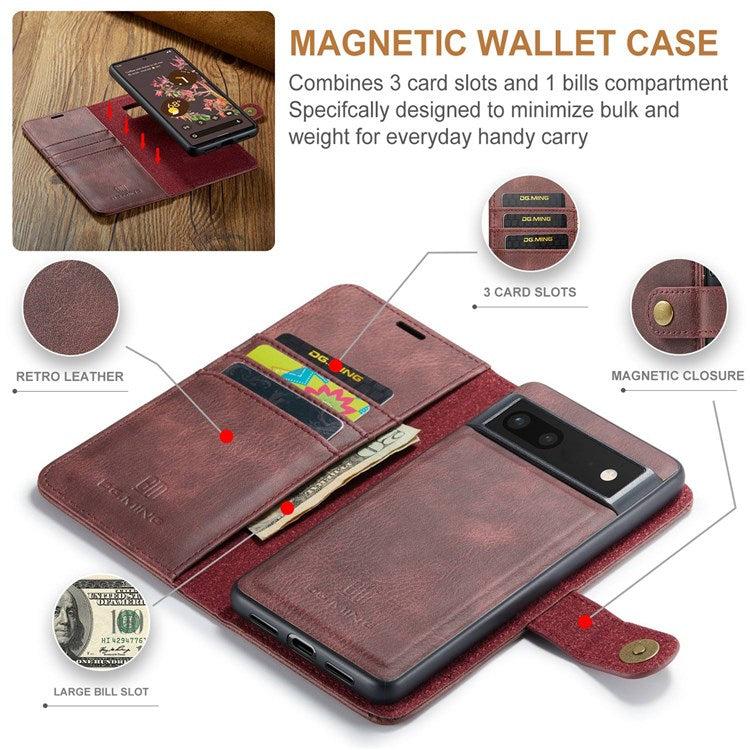 DG.MING For Google Pixel 7 5G Magnetic Absorption Split Leather Case Wallet Stand Detachable Phone Cover - Red
