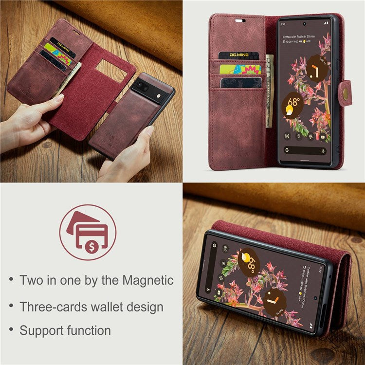 DG.MING For Google Pixel 7 5G Magnetic Absorption Split Leather Case Wallet Stand Detachable Phone Cover - Red
