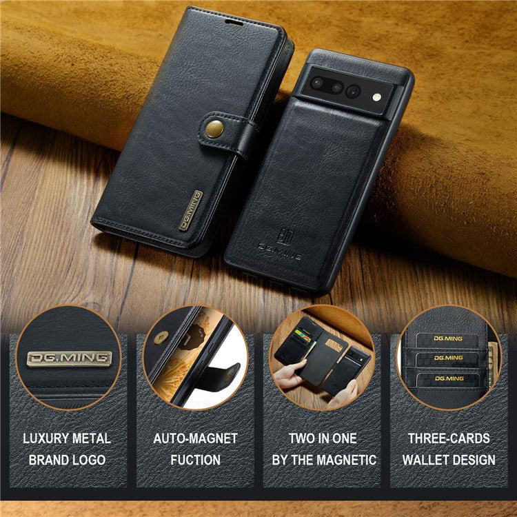 DG.MING For Google Pixel 7 Pro 5G Detachable 2-in-1 Phone Case Split Leather Wallet Stand Drop-proof Protective Cover - Black