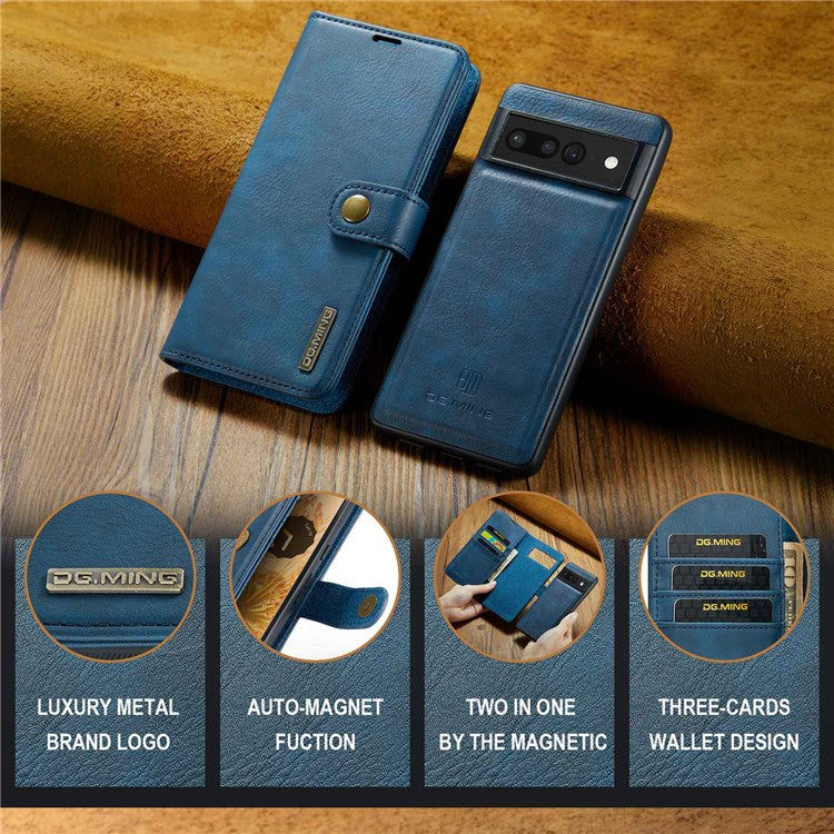 DG.MING For Google Pixel 7 Pro 5G Detachable 2-in-1 Phone Case Split Leather Wallet Stand Drop-proof Protective Cover - Blue