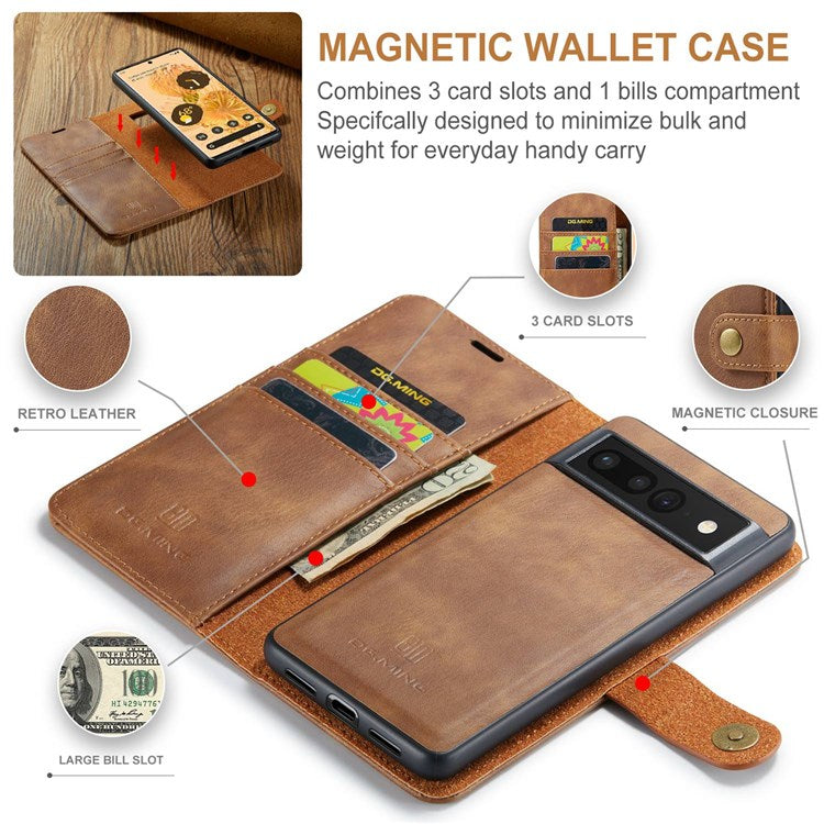 DG.MING For Google Pixel 7 Pro 5G Detachable 2-in-1 Phone Case Split Leather Wallet Stand Drop-proof Protective Cover - Brown