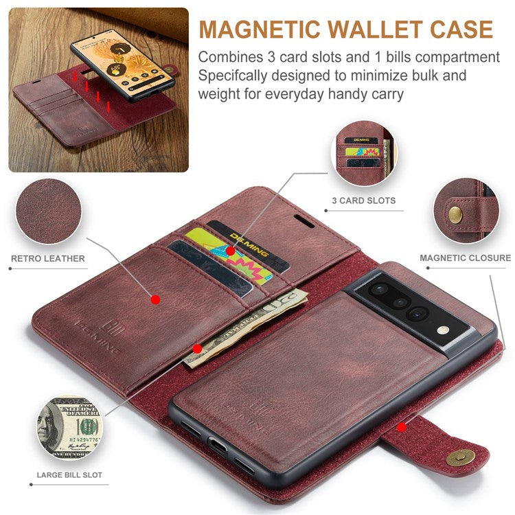 DG.MING For Google Pixel 7 Pro 5G Detachable 2-in-1 Phone Case Split Leather Wallet Stand Drop-proof Protective Cover - Red