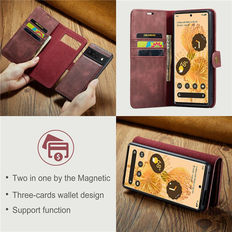 DG.MING For Google Pixel 7 Pro 5G Detachable 2-in-1 Phone Case Split Leather Wallet Stand Drop-proof Protective Cover - Red