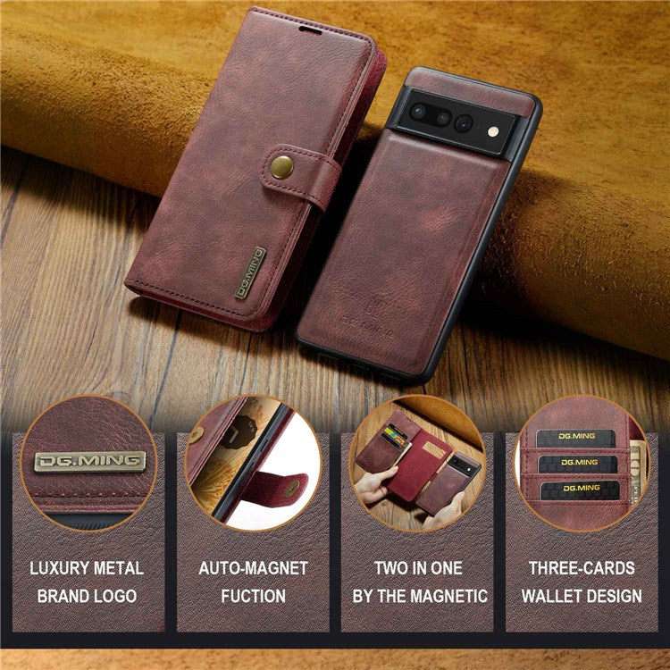 DG.MING For Google Pixel 7 Pro 5G Detachable 2-in-1 Phone Case Split Leather Wallet Stand Drop-proof Protective Cover - Red