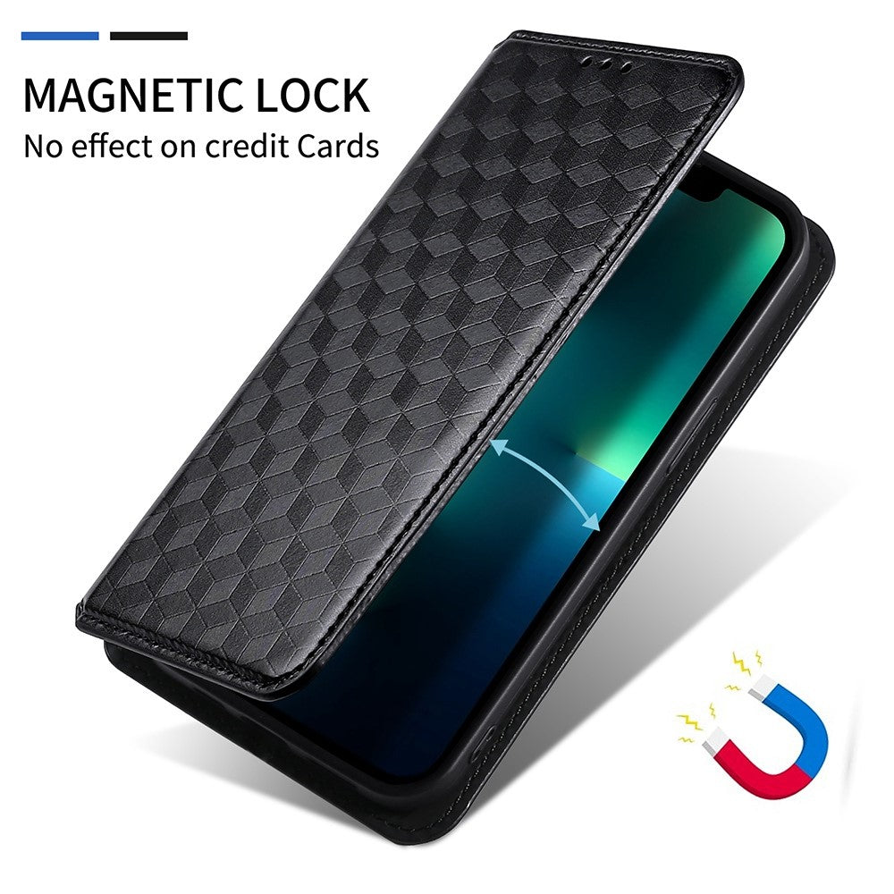 For Samsung Galaxy M13 4G Imprinting Rhombus Pattern PU Leather Cover Magnetic Auto-absorbed Phone Stand Wallet Case - Black