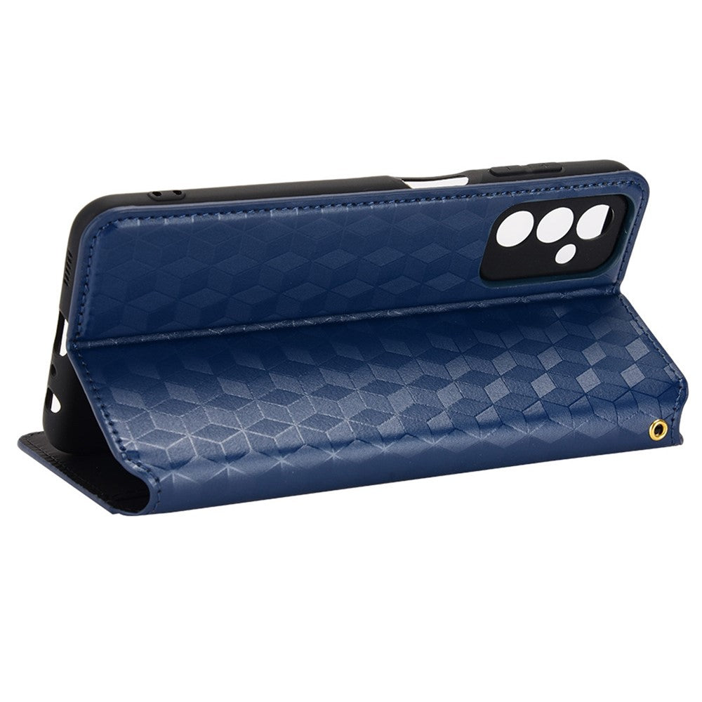 For Samsung Galaxy M13 4G Imprinting Rhombus Pattern PU Leather Cover Magnetic Auto-absorbed Phone Stand Wallet Case - Blue