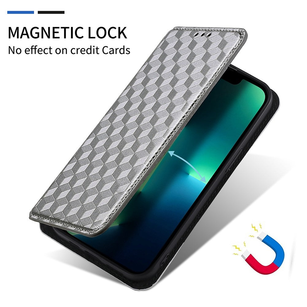 For Samsung Galaxy M13 4G Imprinting Rhombus Pattern PU Leather Cover Magnetic Auto-absorbed Phone Stand Wallet Case - Silver