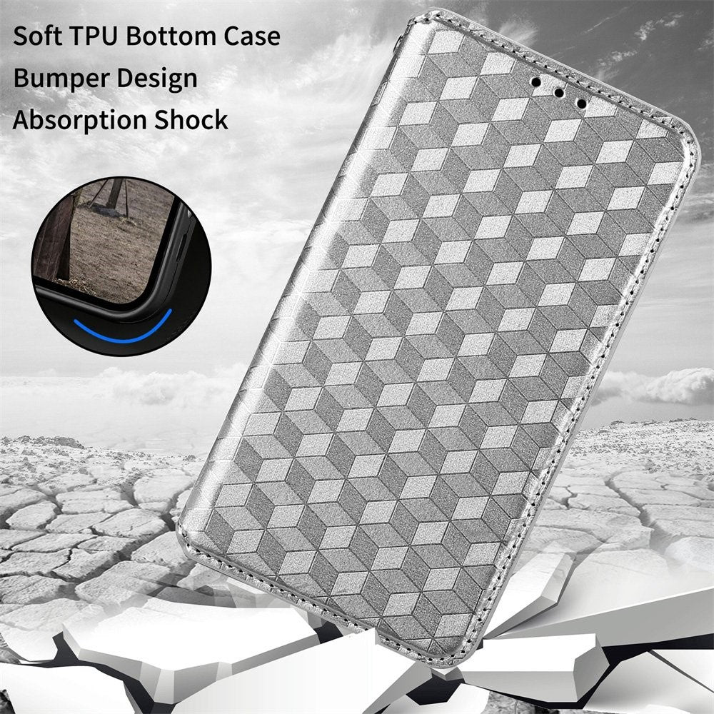 For Samsung Galaxy M13 4G Imprinting Rhombus Pattern PU Leather Cover Magnetic Auto-absorbed Phone Stand Wallet Case - Silver