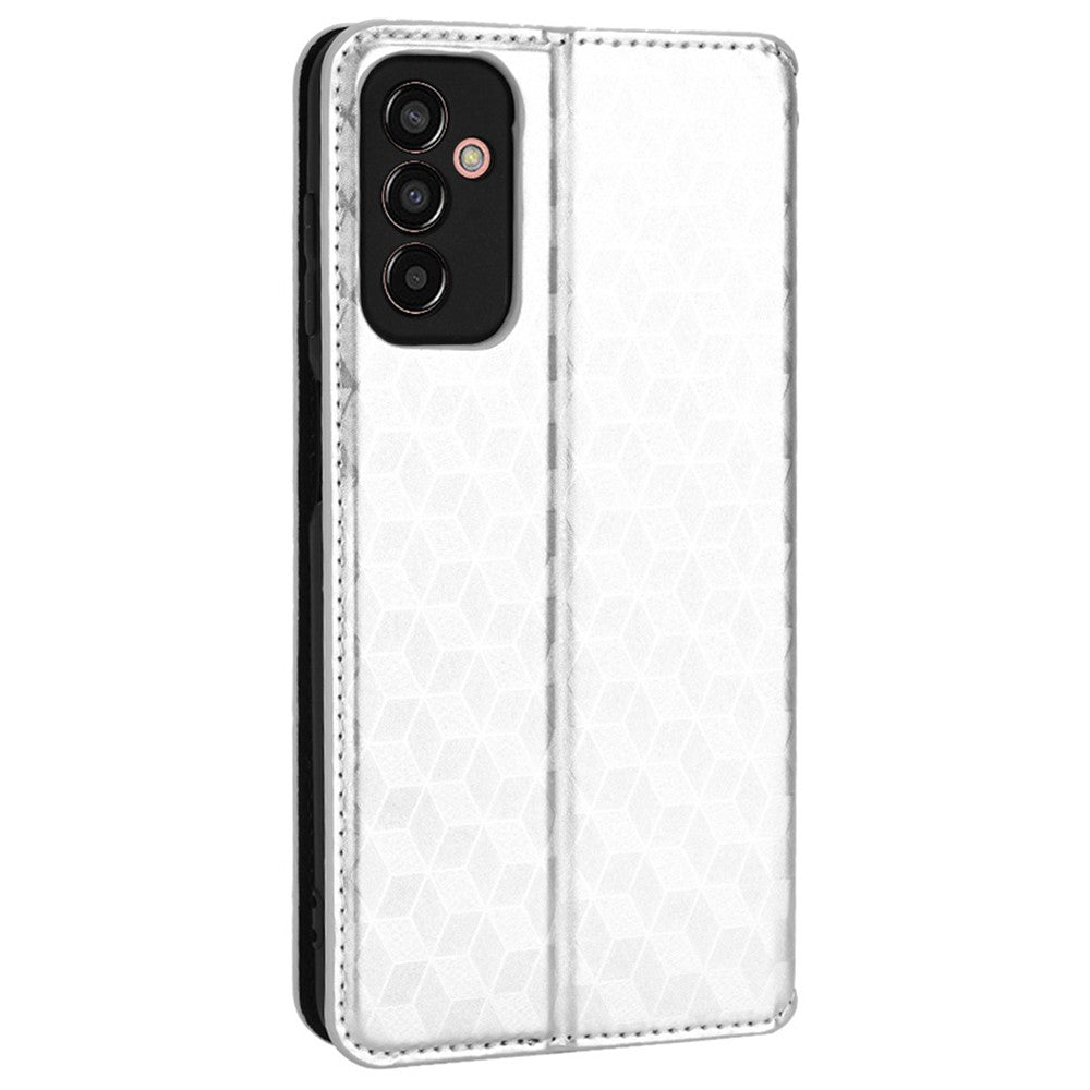 For Samsung Galaxy M13 4G Imprinting Rhombus Pattern PU Leather Cover Magnetic Auto-absorbed Phone Stand Wallet Case - Silver