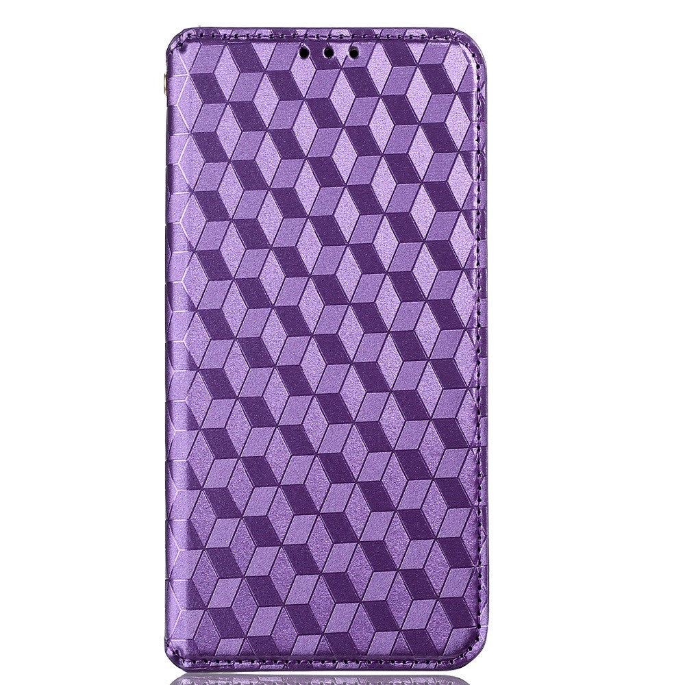 For Samsung Galaxy M13 4G Imprinting Rhombus Pattern PU Leather Cover Magnetic Auto-absorbed Phone Stand Wallet Case - Purple