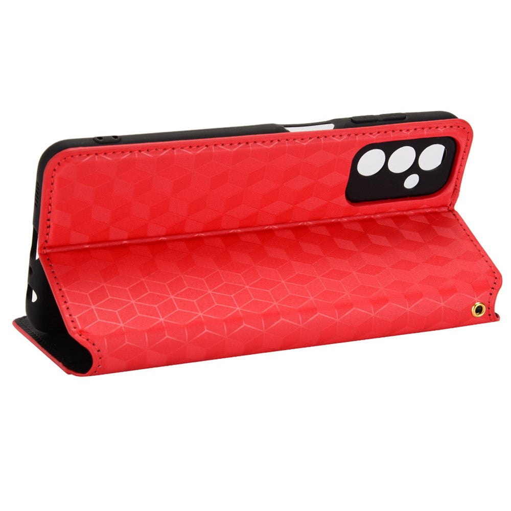 For Samsung Galaxy M13 4G Imprinting Rhombus Pattern PU Leather Cover Magnetic Auto-absorbed Phone Stand Wallet Case - Red