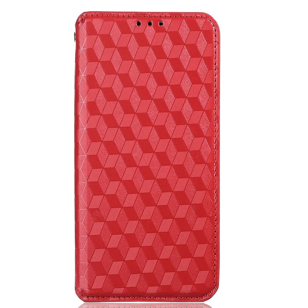 For Samsung Galaxy M13 4G Imprinting Rhombus Pattern PU Leather Cover Magnetic Auto-absorbed Phone Stand Wallet Case - Red