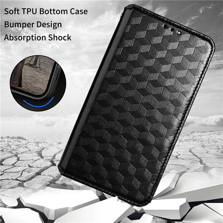 For Honor X7 Magnetic Adsorption Phone Stand Wallet Protective Case PU Leather Rhombus Imprint Cellphone Cover Shell - Black