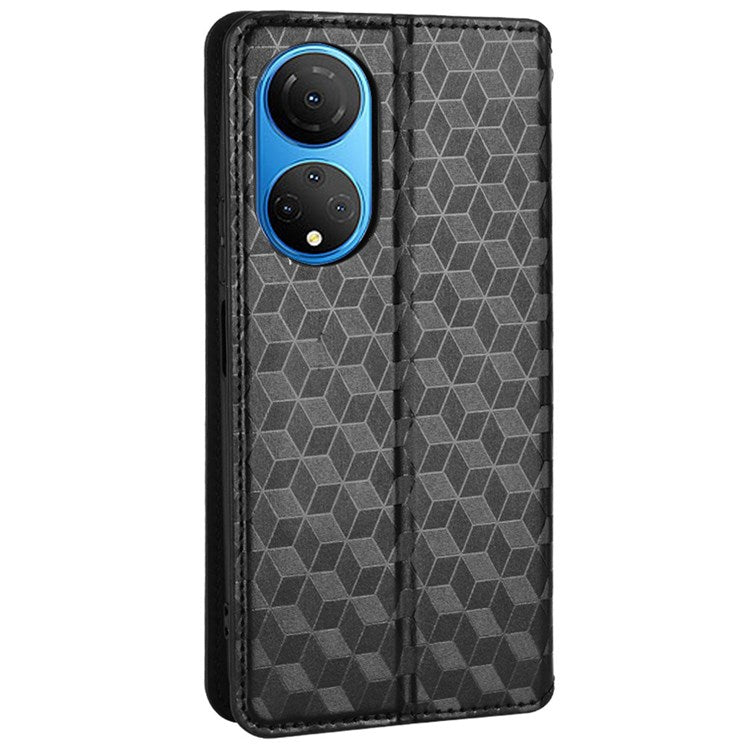 For Honor X7 Magnetic Adsorption Phone Stand Wallet Protective Case PU Leather Rhombus Imprint Cellphone Cover Shell - Black