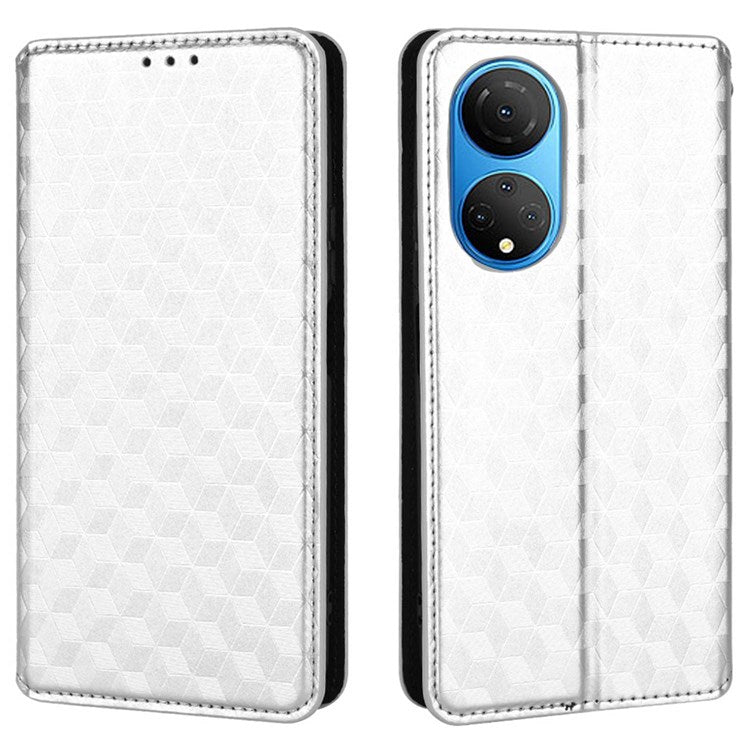 For Honor X7 Magnetic Adsorption Phone Stand Wallet Protective Case PU Leather Rhombus Imprint Cellphone Cover Shell - Silver