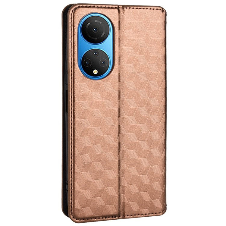 For Honor X7 Magnetic Adsorption Phone Stand Wallet Protective Case PU Leather Rhombus Imprint Cellphone Cover Shell - Brown