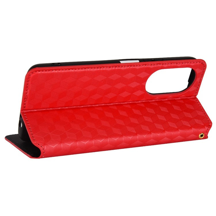 For Honor X7 Magnetic Adsorption Phone Stand Wallet Protective Case PU Leather Rhombus Imprint Cellphone Cover Shell - Red