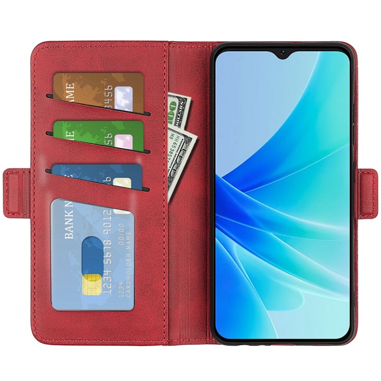 Textured PU Leather Stand Wallet Case for Oppo A57 4G / A57s 4G, Double Magnetic Clasp Folio Flip Phone Cover - Red