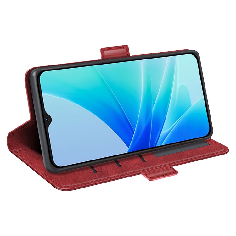 Textured PU Leather Stand Wallet Case for Oppo A57 4G / A57s 4G, Double Magnetic Clasp Folio Flip Phone Cover - Red