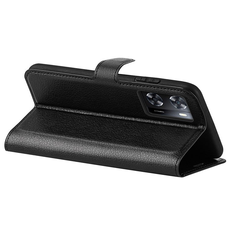 PU Leather Stand Wallet Phone Case for Oppo A57 4G / A57s 4G, Litchi Texture Full Protection Folio Flip Cover - Black