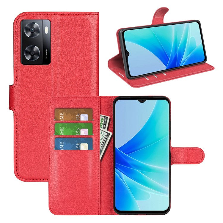 PU Leather Stand Wallet Phone Case for Oppo A57 4G / A57s 4G, Litchi Texture Full Protection Folio Flip Cover - Red