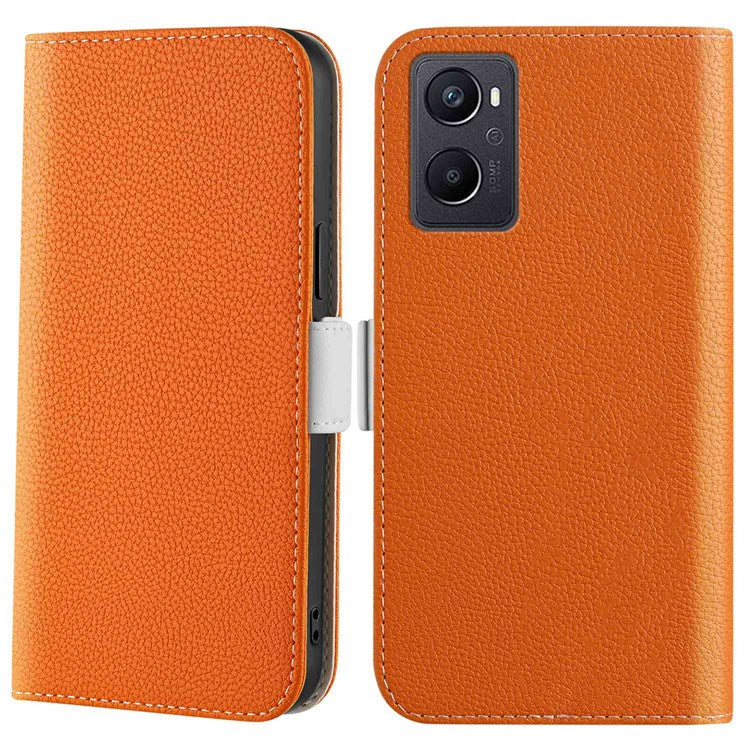 Litchi Texture Wallet Phone Case for Oppo A96 4G, Candy Color PU Leather Viewing Stand Flip Folio Cover - Orange