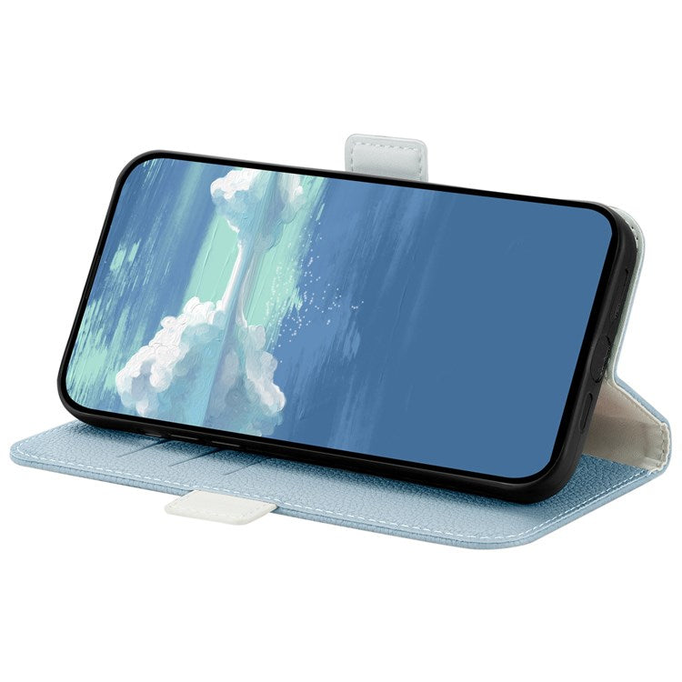 Litchi Texture Wallet Phone Case for Oppo A96 4G, Candy Color PU Leather Viewing Stand Flip Folio Cover - Blue