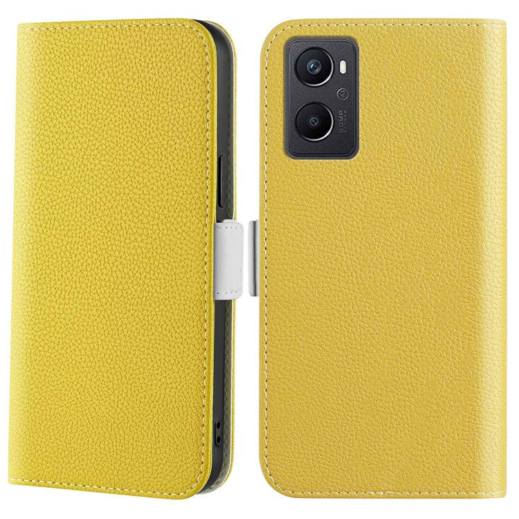 Litchi Texture Wallet Phone Case for Oppo A96 4G, Candy Color PU Leather Viewing Stand Flip Folio Cover - Yellow
