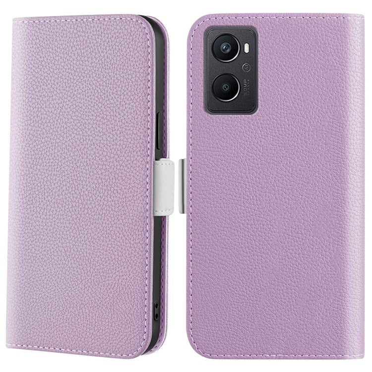 Litchi Texture Wallet Phone Case for Oppo A96 4G, Candy Color PU Leather Viewing Stand Flip Folio Cover - Purple