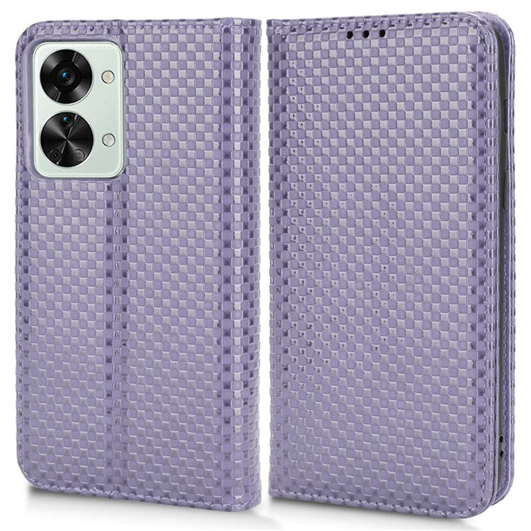 For OnePlus Nord 2T 5G Anti-dust Mobile Phone Bag Cover Grid Texture PU Leather Auto Closing Stand Wallet - Light Purple