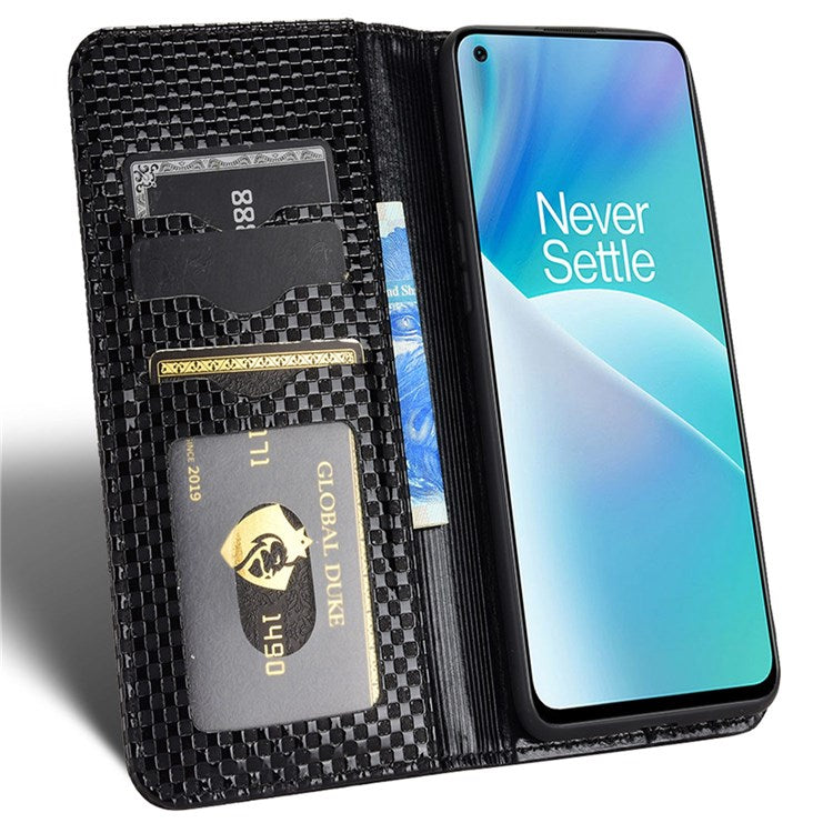 For OnePlus Nord 2T 5G Anti-dust Mobile Phone Bag Cover Grid Texture PU Leather Auto Closing Stand Wallet - Black