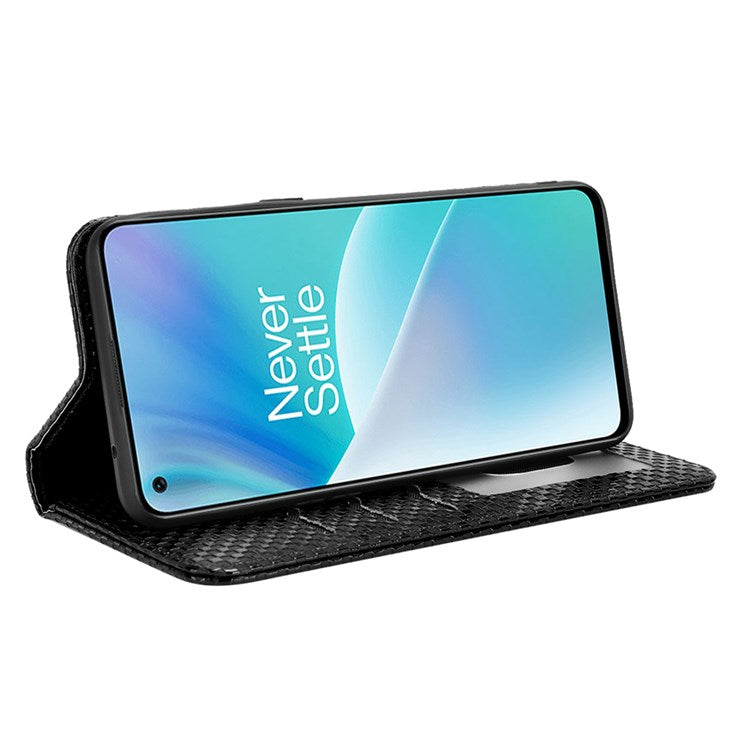 For OnePlus Nord 2T 5G Anti-dust Mobile Phone Bag Cover Grid Texture PU Leather Auto Closing Stand Wallet - Black