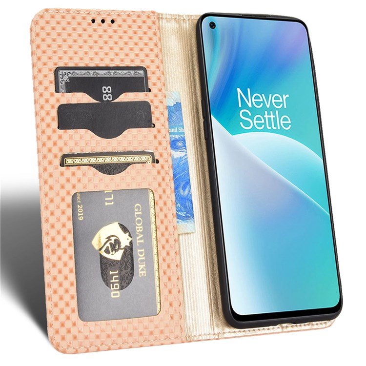 For OnePlus Nord 2T 5G Anti-dust Mobile Phone Bag Cover Grid Texture PU Leather Auto Closing Stand Wallet - Beige