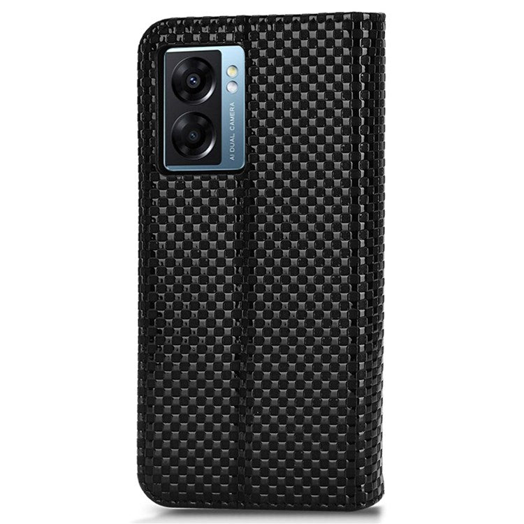 For Oppo A57 (2022) 5G / A77 5G / OnePlus Nord N300 5G / Realme Narzo 50 5G / V23 5G Grid Texture PU Leather Stand Wallet Case Magnetic Auto-absorbed Phone Cover - Black